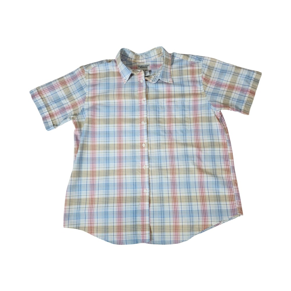 Cabin Creek Womens 16 Plaid Button Down Shirt Short Sleeve Wrinkle Free Blue Tan